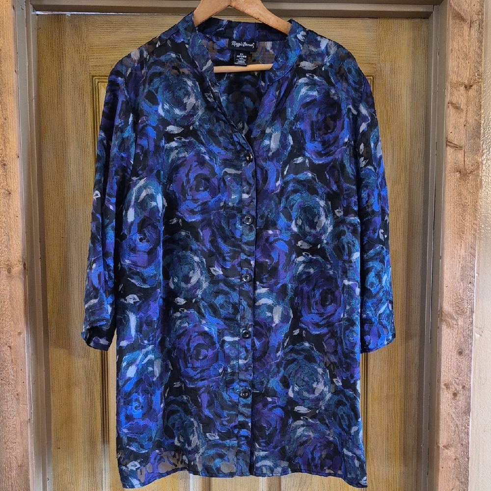 Maggie Barnes 3/4 Sleeve Black,blue,green,purple,tan Button Up Semi Sheer 2x 22